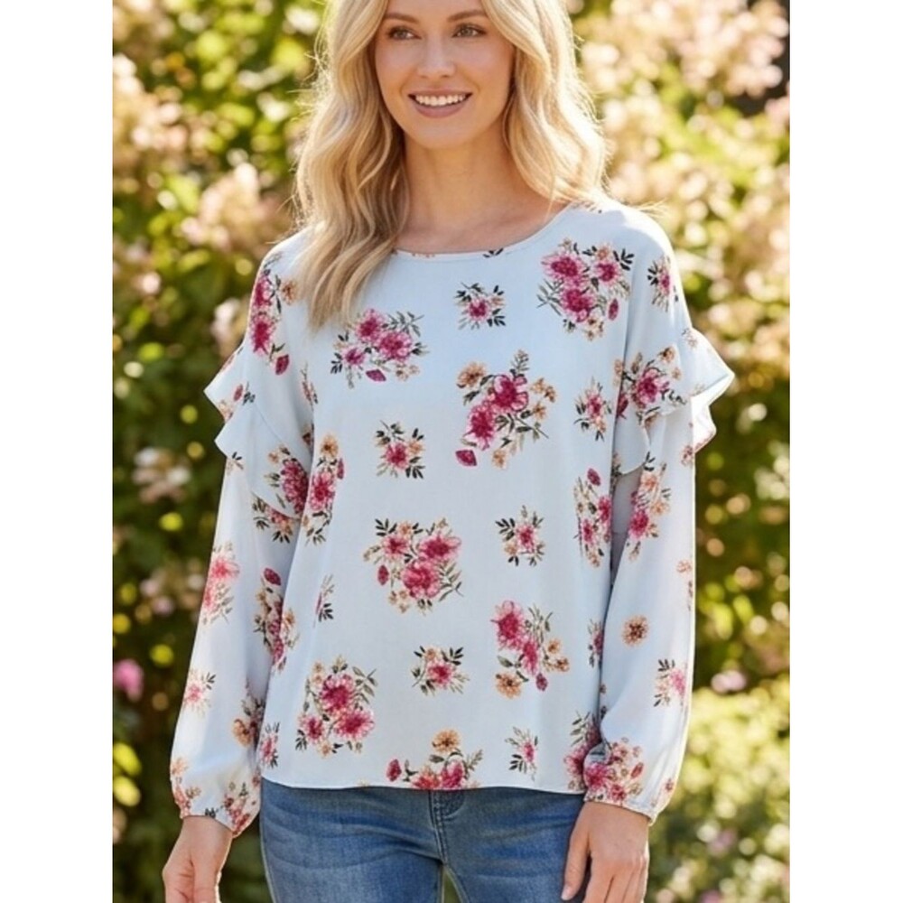 NWOT Light Blue Floral Drop Ruffle Shoulder Blouse with Pink Rose Print